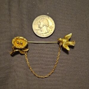 Vintage TRIFARI Golden Bird and Nest with Eggs Stick Pin with Chain